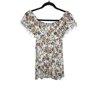 Fever White Floral Short Sleeve Lightweight Off the Shoulder Top Shirt Sz Large